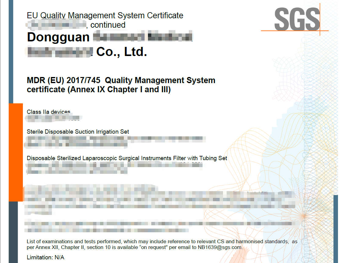 助力东莞某企业获一次性吸洗套件CE MDR证书
